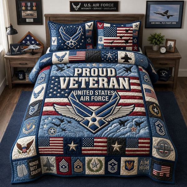 US Air Force Veteran quilted 3-piece bedding set on a made bed in a warmly lit bedroom