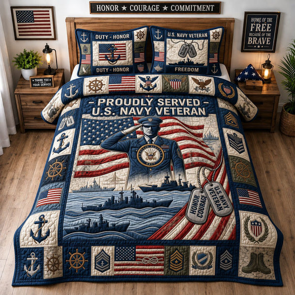 US Air Force Veteran quilted 3-piece bedding set on a made bed in a warmly lit bedroom