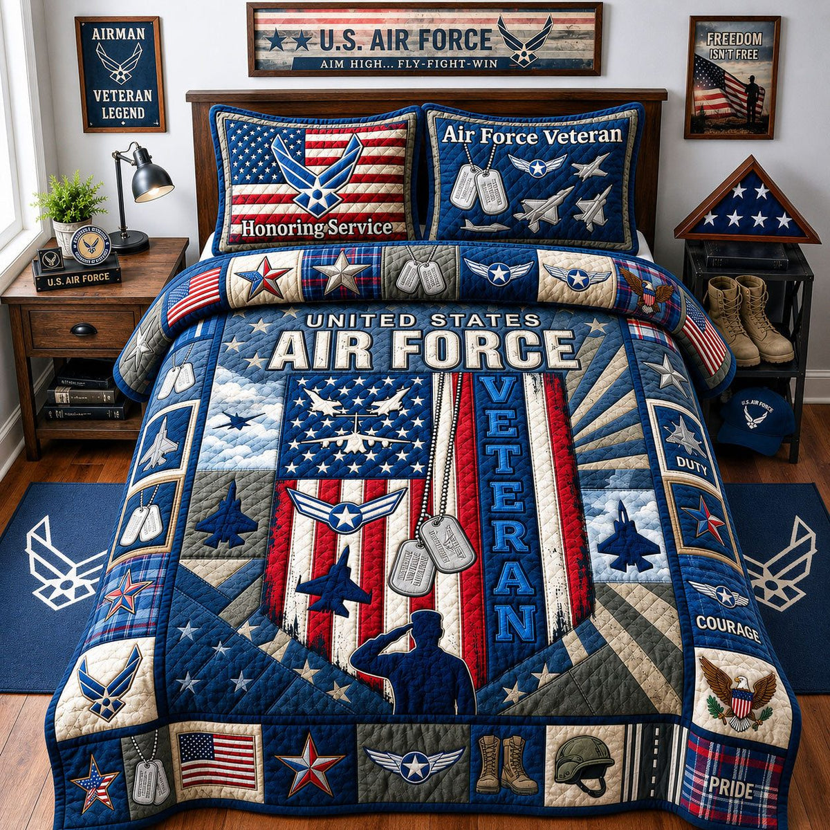 US Air Force Veteran quilted 3-piece bedding set on a made bed in a warmly lit bedroom