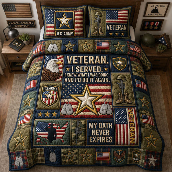 US Army Veteran quilted 3-piece bedding set on a made bed in a warmly lit bedroom
