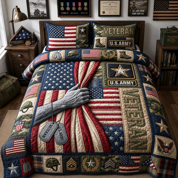 US Army Veteran quilted 3-piece bedding set on a made bed in a warmly lit bedroom
