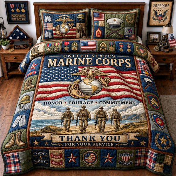 US Marine Corps quilted 3-piece bedding set on a made bed in a warmly lit bedroom