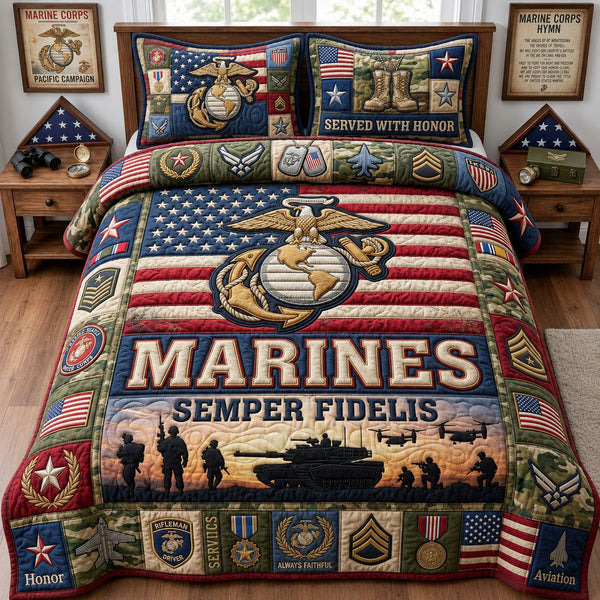 US Marine Corps quilted 3-piece bedding set on a made bed in a warmly lit bedroom