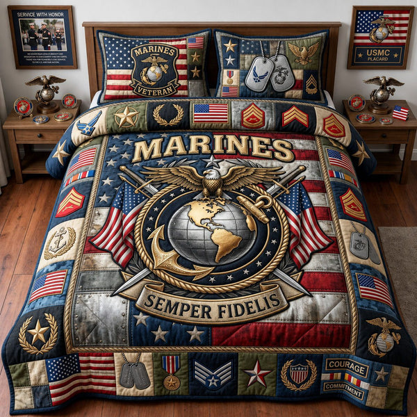 US Marine Corps quilted 3-piece bedding set on a made bed in a warmly lit bedroom