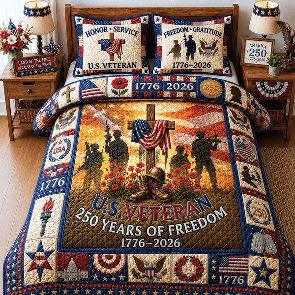 US Veteran Pride quilted 3-piece bedding set on a made bed in a warmly lit bedroom