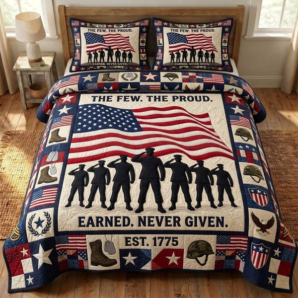 US Veteran quilted 3-piece bedding set on a made bed in a warmly lit bedroom