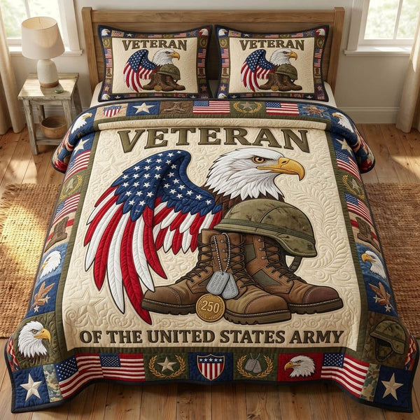 US Veteran quilted 3-piece bedding set on a made bed in a warmly lit bedroom