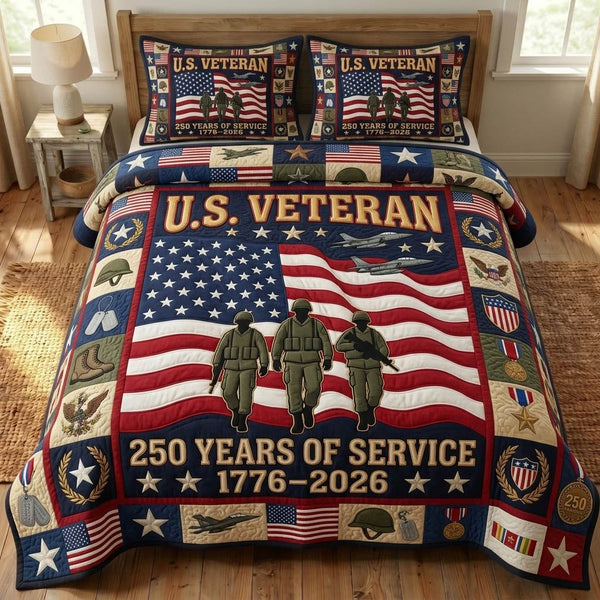 US Veteran quilted 3-piece bedding set on a made bed in a warmly lit bedroom