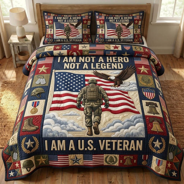 US Veteran quilted 3-piece bedding set on a made bed in a warmly lit bedroom