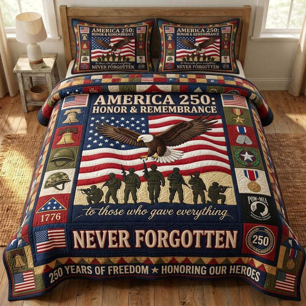 US Veteran quilted 3-piece bedding set on a made bed in a warmly lit bedroom