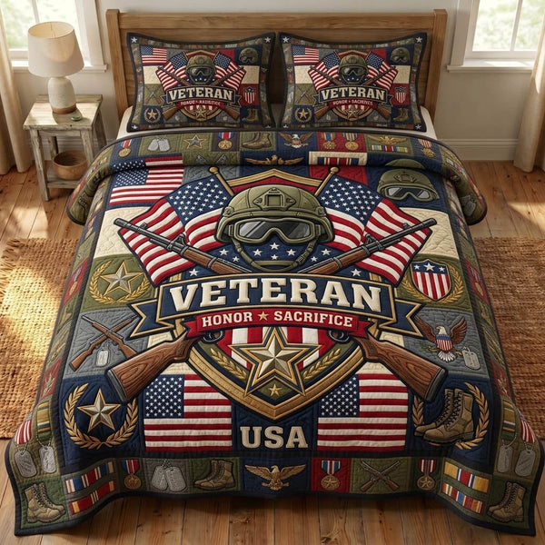 US Veteran quilted 3-piece bedding set on a made bed in a warmly lit bedroom