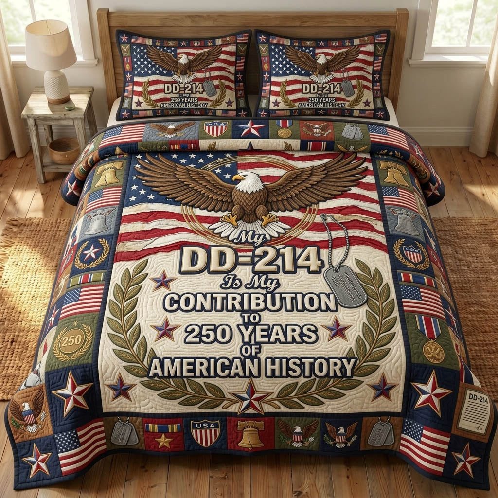US Veteran quilted 3-piece bedding set on a made bed in a warmly lit bedroom
