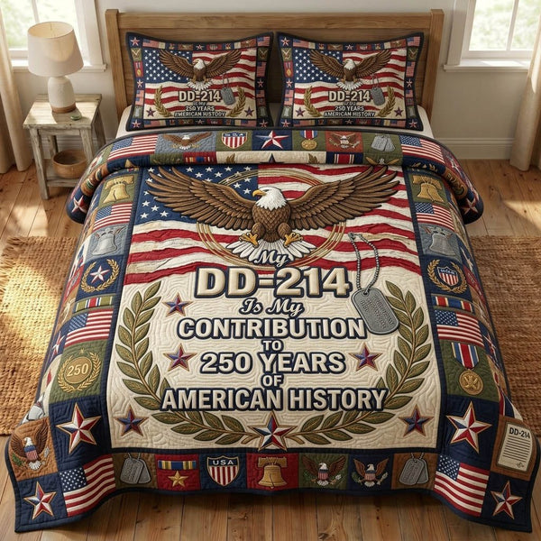 US Veteran quilted 3-piece bedding set on a made bed in a warmly lit bedroom