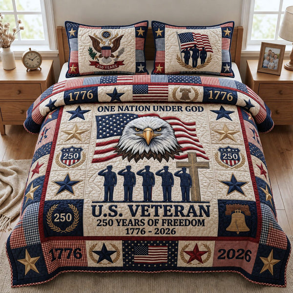 US Veteran quilted 3-piece bedding set on a made bed in a warmly lit bedroom