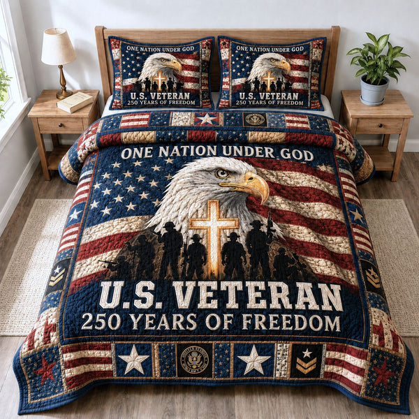 US Veteran quilted 3-piece bedding set on a made bed in a warmly lit bedroom
