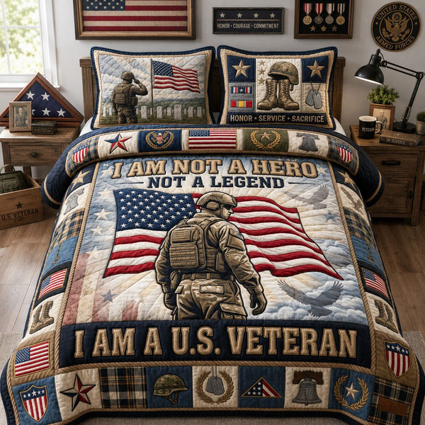 US Veteran quilted 3-piece bedding set on a made bed in a warmly lit bedroom