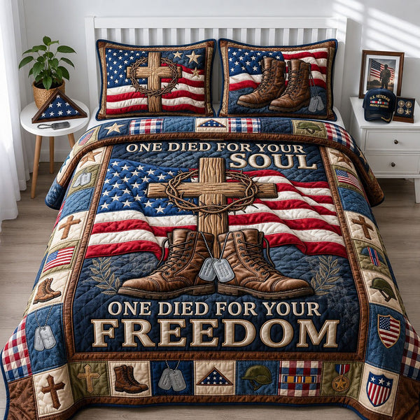 US Veteran quilted 3-piece bedding set on a made bed in a warmly lit bedroom