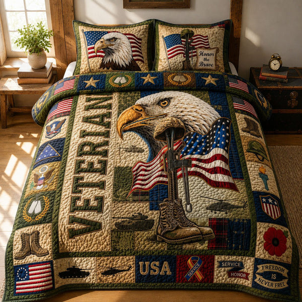 US Veteran quilted 3-piece bedding set on a made bed in a warmly lit bedroom