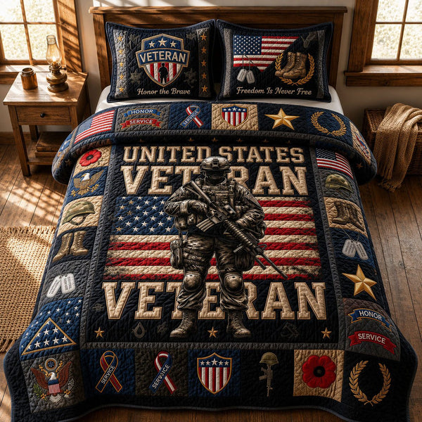 US Veteran quilted 3-piece bedding set on a made bed in a warmly lit bedroom