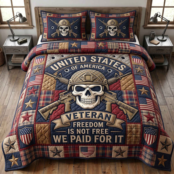 US Veteran quilted 3-piece bedding set on a made bed in a warmly lit bedroom