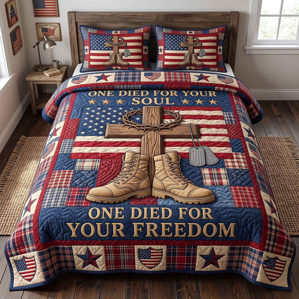 US Veteran quilted 3-piece bedding set on a made bed in a warmly lit bedroom
