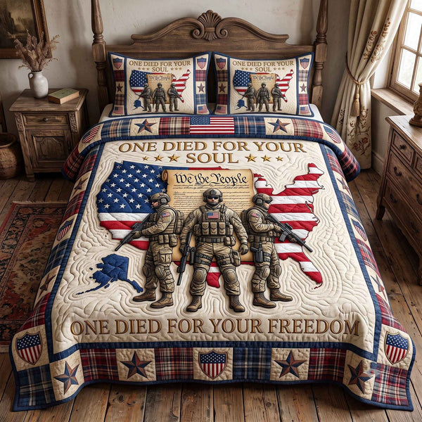 US Veteran quilted 3-piece bedding set on a made bed in a warmly lit bedroom