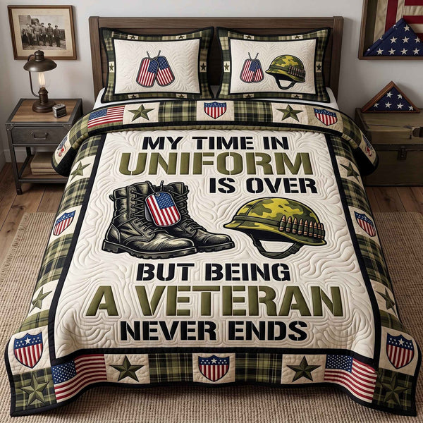 US Veteran quilted 3-piece bedding set on a made bed in a warmly lit bedroom