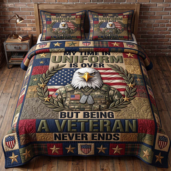 US Veteran quilted 3-piece bedding set on a made bed in a warmly lit bedroom