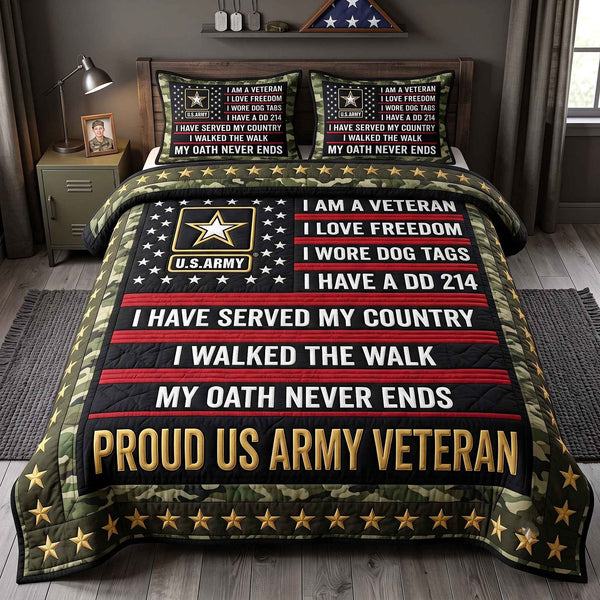 US Veteran quilted 3-piece bedding set on a made bed in a warmly lit bedroom