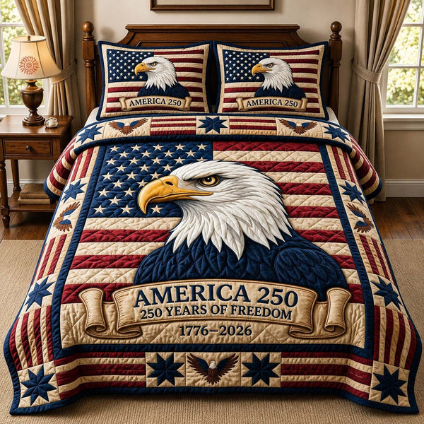 USA 250 Eagle quilted 3-piece bedding set on a made bed in a warmly lit bedroom