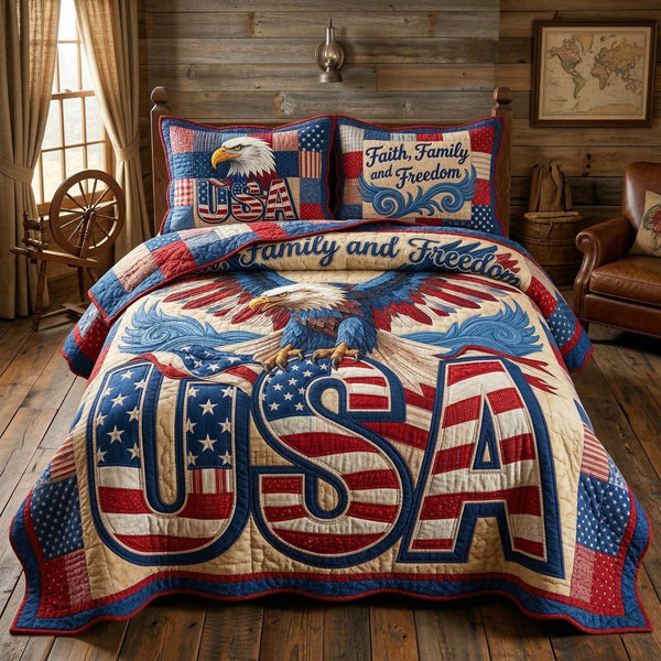 USA Eagle quilted 3-piece bedding set on a made bed in a warmly lit bedroom