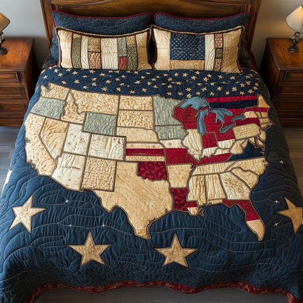 USA Glory quilted 3-piece bedding set on a made bed in a warmly lit bedroom