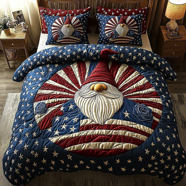 USA Gnomes quilted 3-piece bedding set on a made bed in a warmly lit bedroom