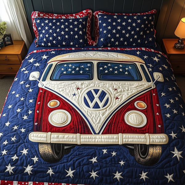 USA Hippie Hauler quilted 3-piece bedding set on a made bed in a warmly lit bedroom