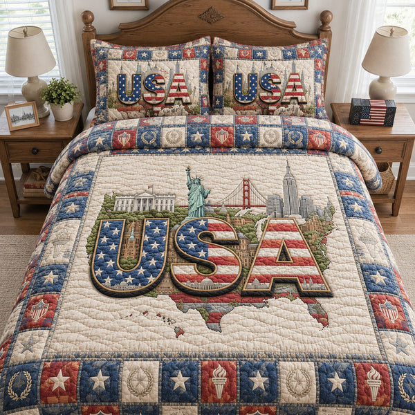 USA pride quilted 3-piece bedding set on a made bed in a warmly lit bedroom