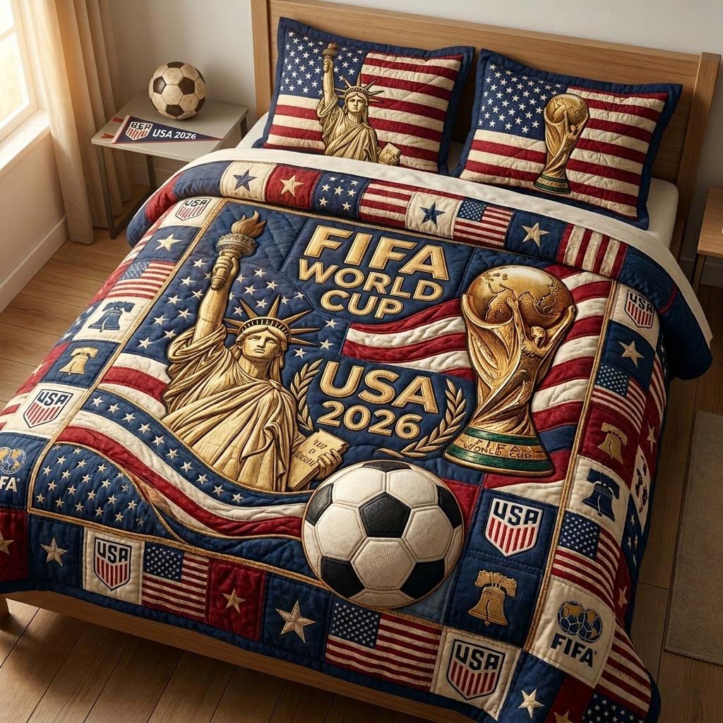 USA Victory Cup quilted 3-piece bedding set on a made bed in a warmly lit bedroom