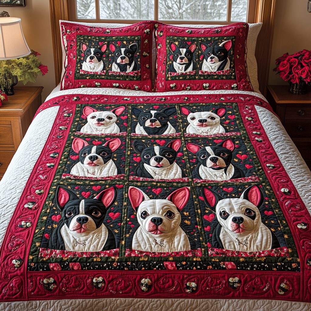 Valentine Boston Terrier quilted 3-piece bedding set on a made bed with two matching pillow shams