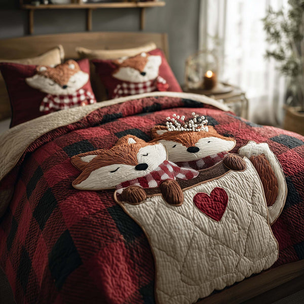 Valentine Couple quilted 3-piece bedding set on a made bed with two matching pillow shams