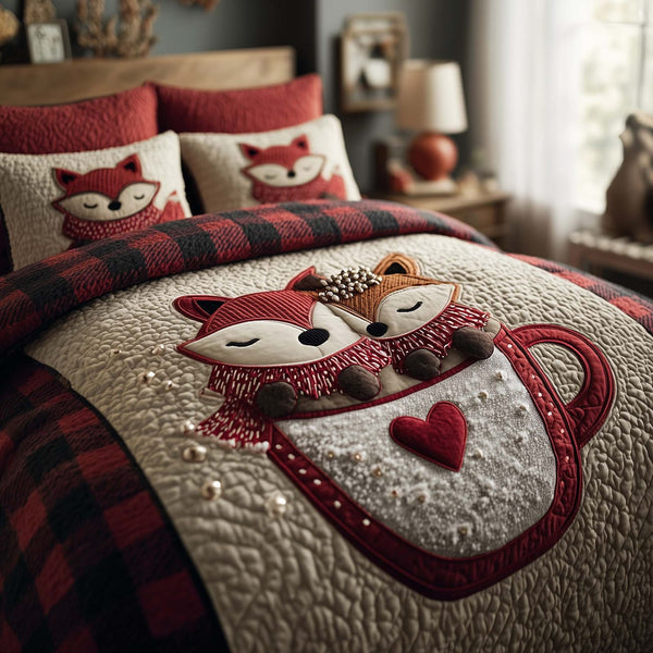 Valentine Couple quilted 3-piece bedding set on a made bed with two matching pillow shams