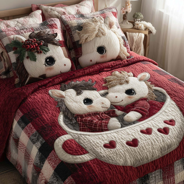 Valentine Couple quilted 3-piece bedding set on a made bed with two matching pillow shams