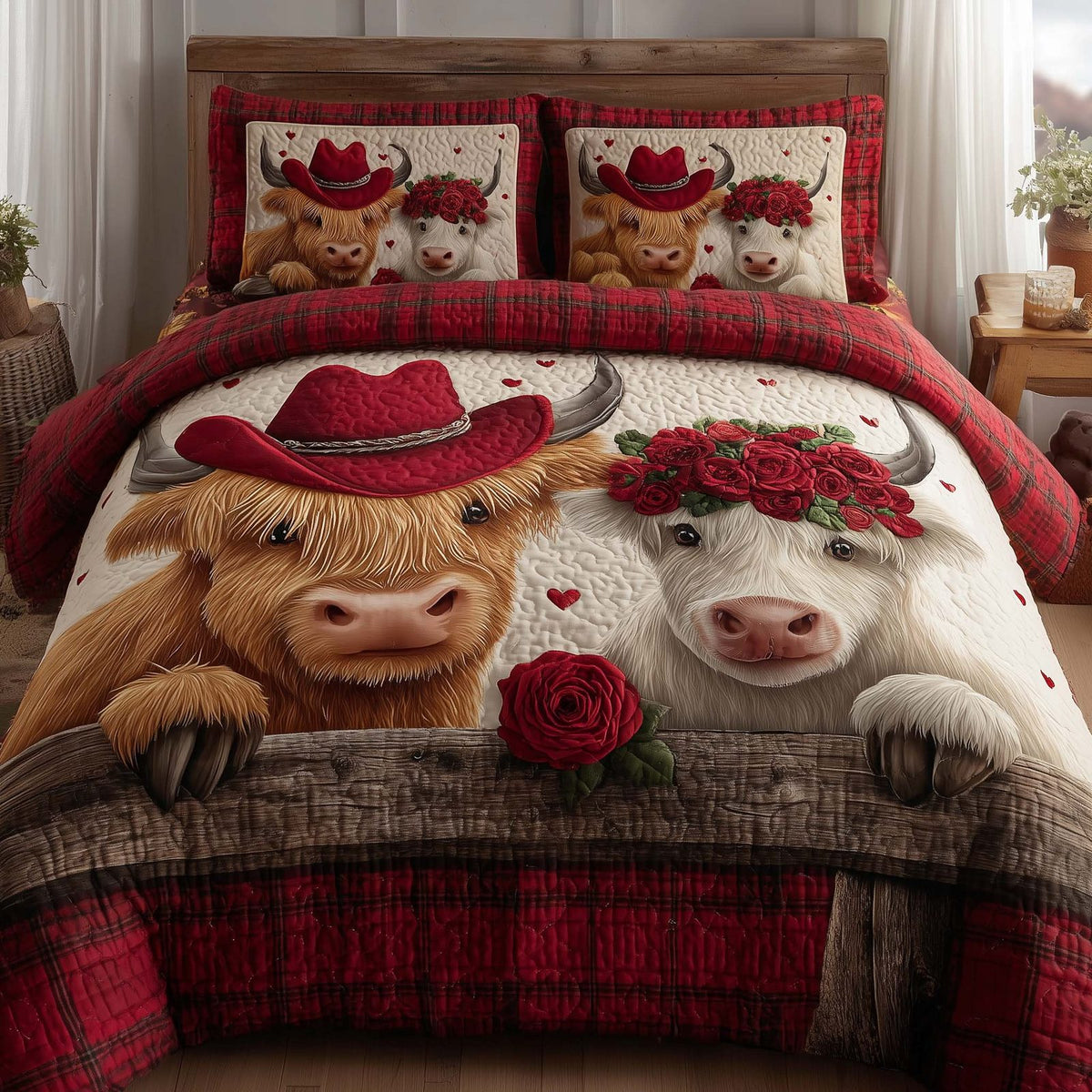 Valentine Couple quilted 3-piece bedding set on a made bed with two matching pillow shams