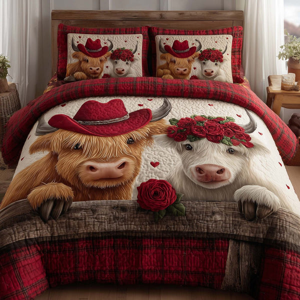 Valentine Couple quilted 3-piece bedding set on a made bed with two matching pillow shams