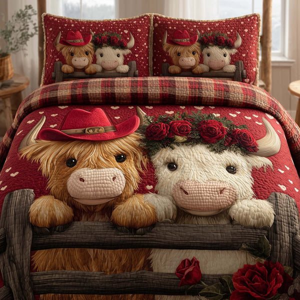 Valentine Couple quilted 3-piece bedding set on a made bed with two matching pillow shams