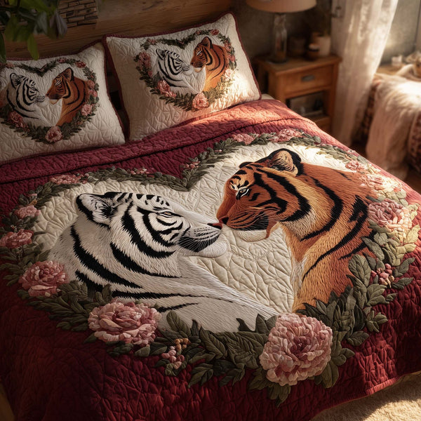 Valentine Couple quilted 3-piece bedding set on a made bed with two matching pillow shams
