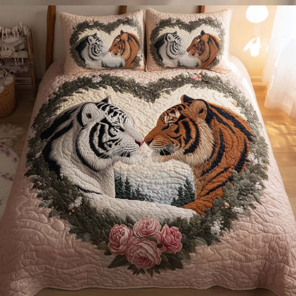 Valentine Couple quilted 3-piece bedding set on a made bed with two matching pillow shams