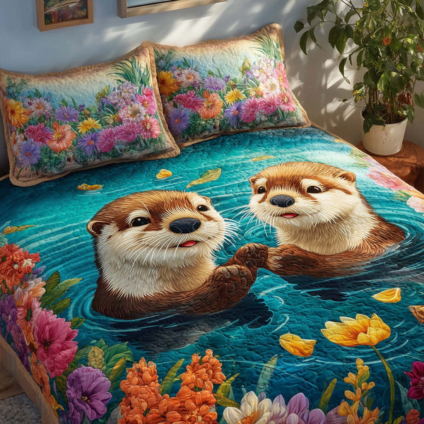 Valentine Couple quilted 3-piece bedding set on a made bed with two matching pillow shams