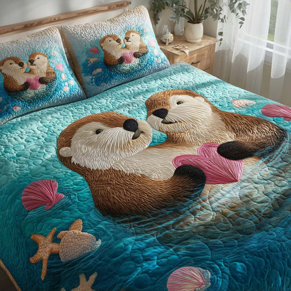 Valentine Couple quilted 3-piece bedding set on a made bed with two matching pillow shams