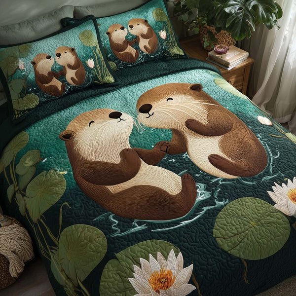 Valentine Couple quilted 3-piece bedding set on a made bed with two matching pillow shams