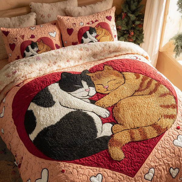 Valentine Couple quilted 3-piece bedding set on a made bed with two matching pillow shams