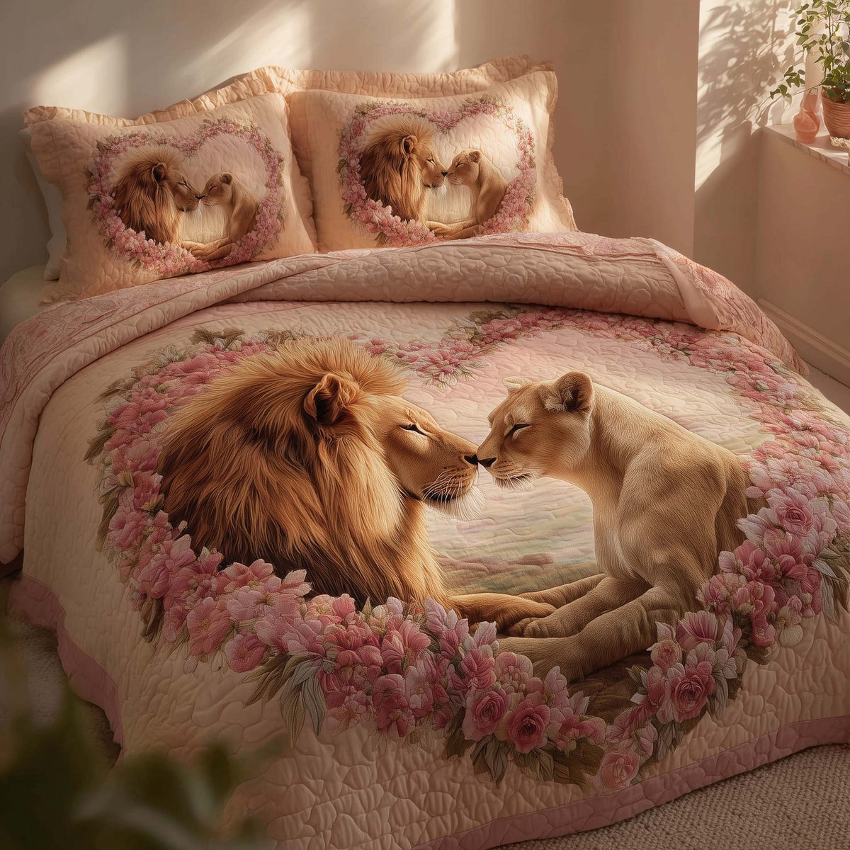 Valentine Couple quilted 3-piece bedding set on a made bed with two matching pillow shams